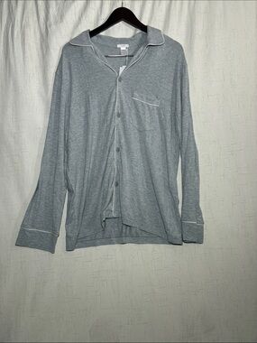 Eberjey Grey Long-Sleeve Button-Front Shirt with White Piping
